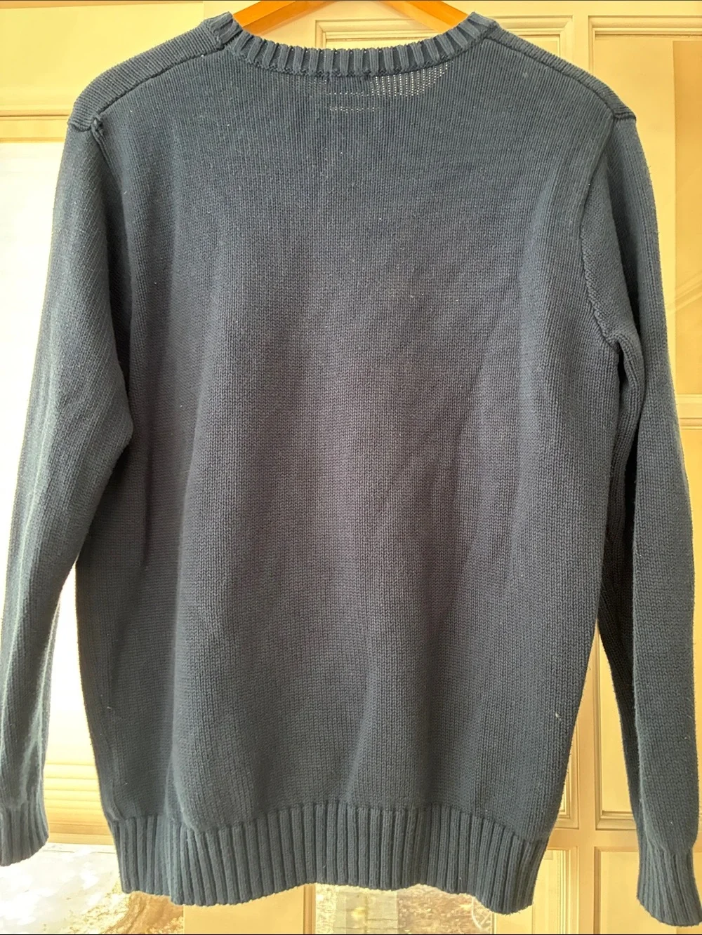 Brandy Melville Navy Crewneck Sweater with Red and White Flag Motif